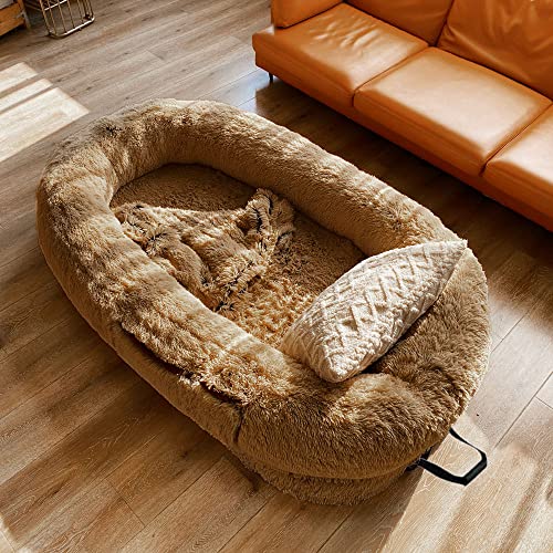 SHENJIA Großes menschliches Hundebett, Sitzsack-Bett für Erwachsene, Kinder und Haustiere, bequemes Plüsch, große Hundebetten mit Memory-Schaum, mit Kissen und Decken, Braun von SHENJIA