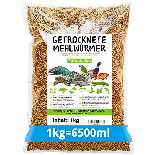 Mehlwürmer getrocknet, 1kg (entspricht 6,5 Litern!) Futtermittel im Beutel, der proteinreiche Snack für Wildvögel, Fische, Reptilien, Schildkröten und Igel von MeerBach & Rose