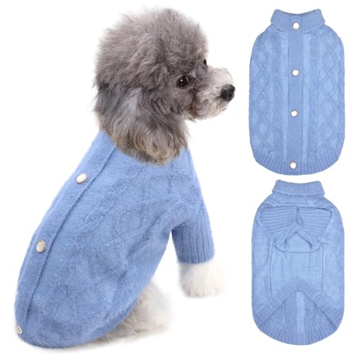 SHIAOMIN Hund Fleece Pullover Sweater - Flauschiger Hund Strickpullover mit glänzenden Knöpfen, Winter Warmer Welpenmantel (Blau, L) von SHIAOMIN