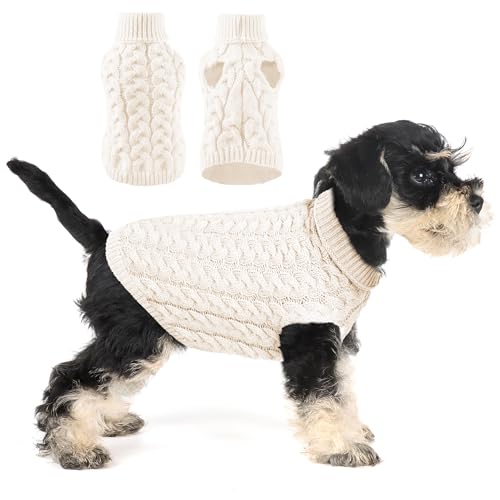 SHIAOMIN Warmer Hund Rollkragenpullover - Zopfstrick-Welpenpullover Dicke warme Hunde-Winterkleidung, kaltes Wetter für kleine und mittelgroße Hunde (Weiß, L) von SHIAOMIN