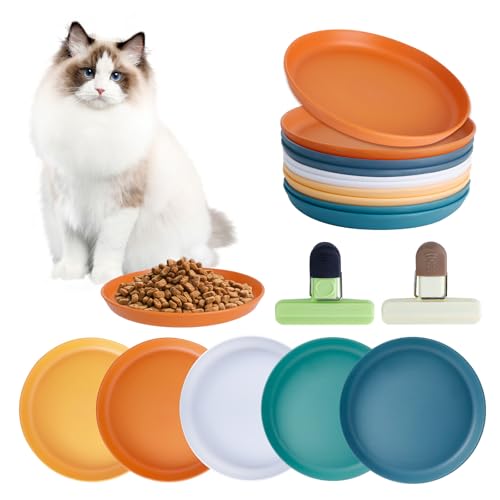 10 Stück Katzennapf Flach, Futternapf Katze Katzenschüssel mit Tasche Clip, Runder Katzenteller Bunt Katzenfutter Napfset Fressnapf Katze Katzennäpfe für Kätzchen und Kurzbeinige Katzen von SHILIPAIJC