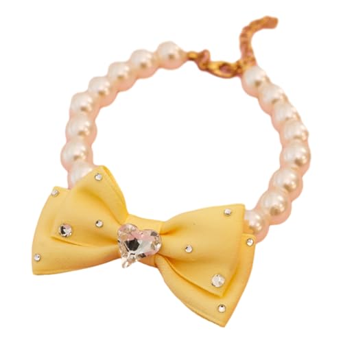 Haustierhalsband aus Satinband, hochwertige Kunstperlen-Halskette mit Schleifen-Design für Hunde und Katzen, elegantes Strassverziertes Accessoire, formelle Anlässe, Gelb, Größe L von SHINROAD
