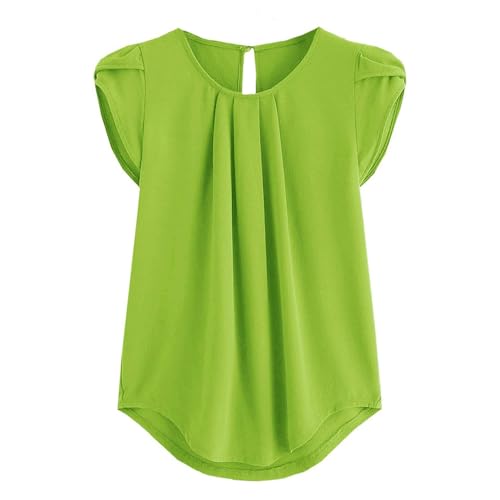 Plissiertes Freizeithemd für Damen, Frühling, Sommer, Rundhalsausschnitt, Blütenblatt, kurzärmelig, einfarbig, Grasgrün, Größe L Plissiertes Freizeithemd für Damen, Frühling, Sommer, Rundhalsausschnitt, Blütenblatt, kurzärmelig, einfarbig, Grasgrün, Größe L von SHINROAD