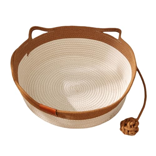 SHINROAD Bequemer Katzen-Rückzugsort Gewebter Seilkorb Handbett mit interaktiver Kratzmatte Spielball für Indoor Katzen Kaninchen Welpen Langlebig Kratzen Khaki M von SHINROAD