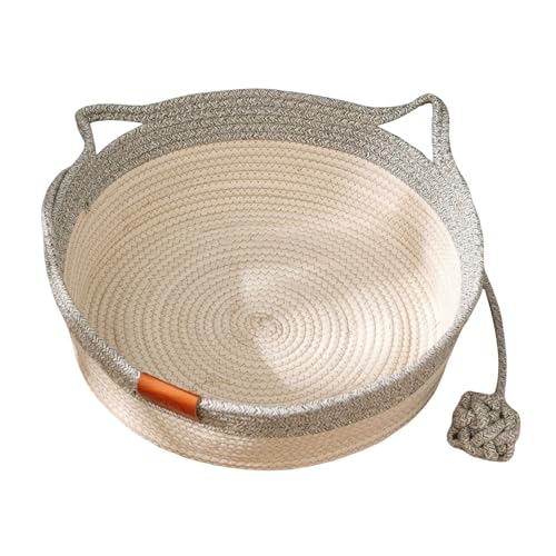 SHINROAD Bequemer Katzen-Rückzugsort aus gewebtem Seilkorb, Handbett mit interaktiver Kratzmatte, Spielball für Indoor-Katzen, Kaninchen, Welpen, langlebig, kratzfest, Grau, S von SHINROAD