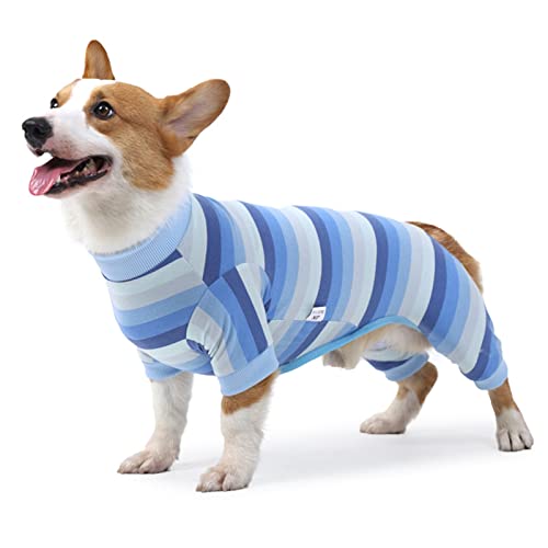 SHINROAD Haustier-Pyjama, langärmelig, weich, gestreift, Freizeitkleidung für kleine Hunde, Größe L, Blau von SHINROAD
