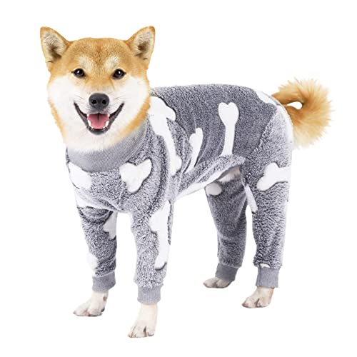 SHINROAD Hunde-Pyjama, Haustierkleidung, Overall, Elastizität, bequem, warm, Flanell, Knochenmuster, Haustier-Pyjama für Innenbereich, Grau, 2XL von SHINROAD