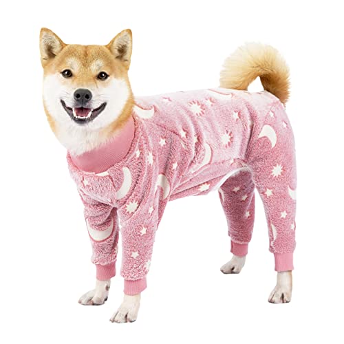 SHINROAD Hunde-Pyjama, Haustierkleidung, Overall, Elastizität, bequem, warm, Flanell, Knochenmuster, Haustier-Pyjama für den Innenbereich, Rosa, M von SHINROAD
