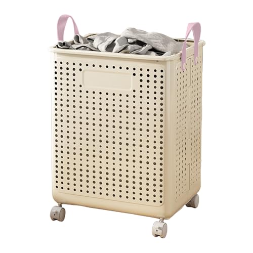 SHINROAD Robuster Wäschereikorb schmutziger Kleidung Korb große Kapazität mit Rädern wasserdichtem Stoff Organizer Griff atmungsaktive Netzlöcher für Familienzimmerlager Beige L von SHINROAD