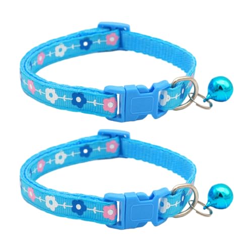 SHINROAD Weiches Haustierhalsband für Katzen mit Glöckchen, Blumenmuster, verstellbar, für kleine Tiere, bequem, langlebig, Kätzchen, Blau, 2 Stück von SHINROAD
