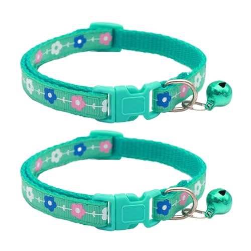SHINROAD Weiches Haustierhalsband für Katzen mit Glöckchen, Blumenmuster, verstellbar, für kleine Tiere, bequem, langlebig, Kätzchen, Grün, 2 Stück von SHINROAD