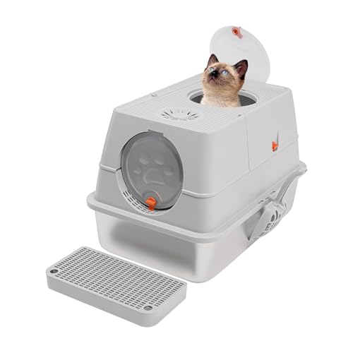 Katzenklo Edelstahl mit Deckel Geruchsfreie Geschlossene Katzentoilette für Große Katzen Leicht zu Reinigen Geruchshemmend (Hellgrau) von SHIOUCY