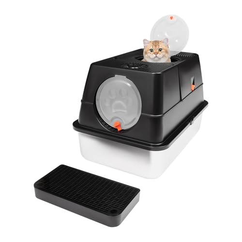 Katzenklo Edelstahl mit Deckel Geruchsfreie Geschlossene Katzentoilette für Große Katzen Leicht zu Reinigen Geruchshemmend (Schwarz) von SHIOUCY