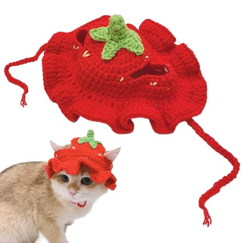 Strickte Häkelkatze Hüte mit Krawattenseil, Erdbeer -Katzen -Outfits, komfortable süße Katzenzubehör für Welpenkatze Kätzchen Kaninchenkatze Hut von SHITOOMFE