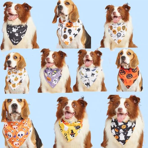 SHJOEE 10pcs Halloween Hundehalstuch Haustier Bandanas Dreieckstuch für Hunde Geister-Kürbis-Halloween-Bandanas für Große Kleine Mittelgroße Hunde Und Katzen(Farbe und Stil sind zufällig) von SHJOEE