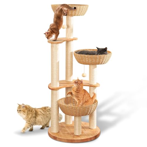 137.2 cm moderner Katzenbaum für Indoor-Katzen, massiver Eichenholz-Kratzbaum für mehrere große Katzen, manuell handgewebt, luxuriöse Katzenwohnung, Spielcenter, leicht zu reinigen von SHODMI