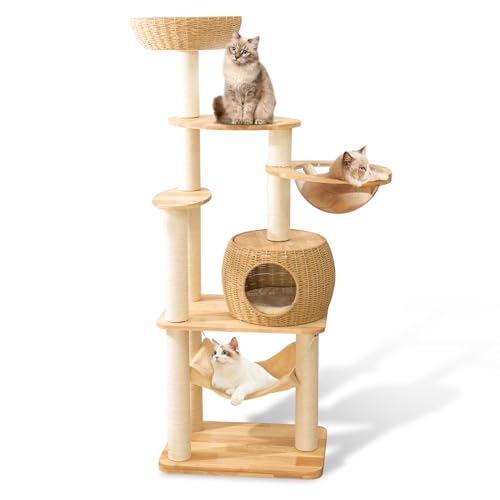 150 cm großer moderner Katzenbaumturm, Katzenturm mit Sisalüberzug Kratzbäume für Indoor-Katzen, Eichenholz Katzenbaum für große Katzen, mehrstufiges Katzenhaus mit Raumkapselnest, Katzenmöbel von SHODMI