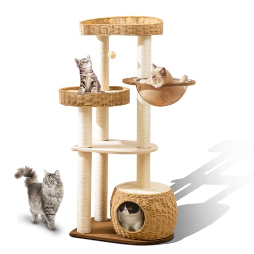 Großer Katzenbaum für große Katzen – Multi-Katzenturm mit natürlichem Sisal & handgewebtem Korb, extra stabiler Boden, atmungsaktive Sitzstange, rustikale Holzstil-Katzenmöbel für Indoor-Katzen von SHODMI