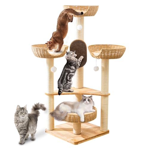 Großer Kratzbaum Holz - Moderner Multi-Katzenturm mit Kratzbäumen & handgewebter Höhle | Stabile Katzenmöbel für Indoor-Katzen, modernes Katzenhaus Zubehör von SHODMI