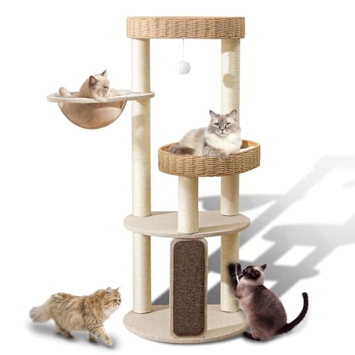 Großer Kratzbaum aus Holz mit Kratzstämmen, moderner Katzenturm & Höhle, handgefertigte Möbel für mehrere Katzen, einzigartige Sitzstange zum Klettern & Spielen von SHODMI