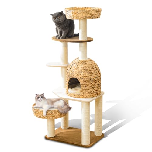 Moderner Katzenbaum Turm für große Katzen, Katzenmöbel Kratzbaum für Indoor-Katze, echte natürliche Wasserhyazinthe Katzenhütte, manuell handgewebte hohe Holzkatzenhaus,Neue Katzenhütte Einzigartiges von SHODMI