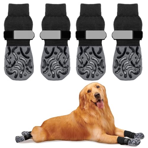 SHUOHONG 4 Stück Hundesocken Anti Rutsch, Hundeschuhe Socken mit Verstellbaren Riemen Klettverschluss, Pfotenschutz Hund Haustierpfoten Schutz Socken auf Hartholzboden (M) von SHUOHONG