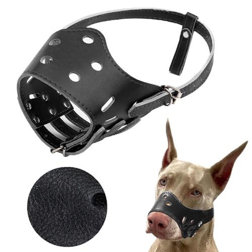 SHUOHONG Hunde Maulkorb, Atmungsaktiv und Bequem, Maulkorb für Große Hunde mit Verstellbaren Trägern, Maulkörbe für Ermöglicht Hecheln und Trinken, für Verhindert Bellen (PU-Schwarz-L) von SHUOHONG