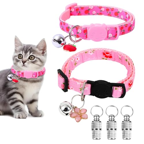 2 x Katzenhalsbänder mit Glöckchen, Schnellverschluss, 3 x silberfarbene Anti-Verlust-Haustier-Schlauchmarke für Halsband, verstellbare Kätzchen-Halsbänder für alle Hauskatzen (2 x Katzenhalsbänder, 3 von SHYSBV