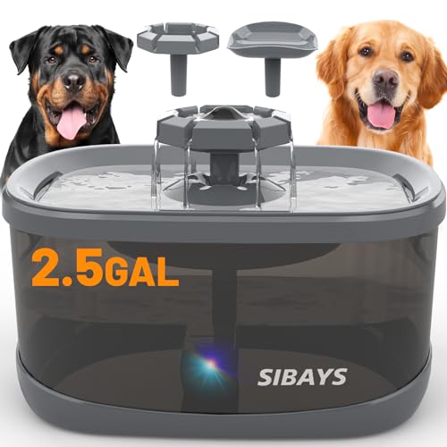 SIBAYS Großer Wasserbrunnen für Hunde, 9 l, für mehrere Haustiere, super leise, kein Verschütten, Haustier-Wasserbrunnen für Hunde, 4-lagiger Filter, LED-Licht, BPA-freies Material von SIBAYS