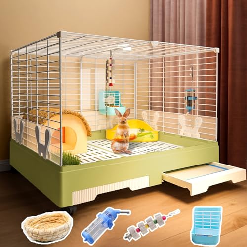 SIDID Kaninchenhaus 2 Eingänge Käfig für Kaninchen mit Ausziehbarem Tablett, DIY Kleintierkäfig mit Rollen, Transparente Acrylscheibe, für Meerschweinchen, Hasen, Katzen(Green,B) von SIDID