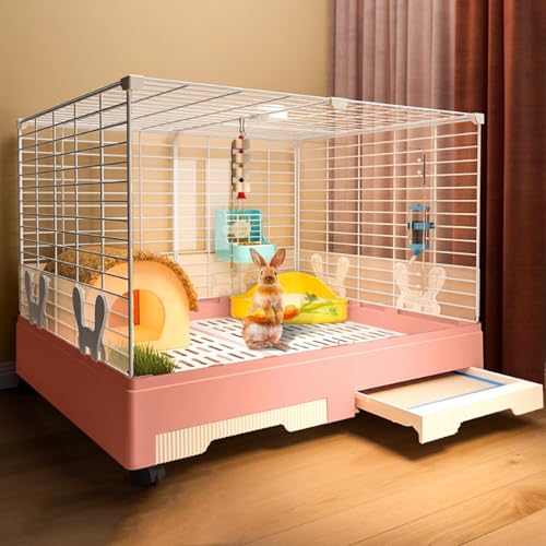 SIDID Kaninchenhaus 2 Eingänge Käfig für Kaninchen mit Ausziehbarem Tablett, DIY Kleintierkäfig mit Rollen, Transparente Acrylscheibe, für Meerschweinchen, Hasen, Katzen(Pink,A) von SIDID