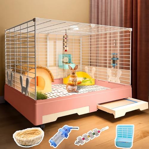 SIDID Kaninchenhaus 2 Eingänge Käfig für Kaninchen mit Ausziehbarem Tablett, DIY Kleintierkäfig mit Rollen, Transparente Acrylscheibe, für Meerschweinchen, Hasen, Katzen(Pink,B) von SIDID