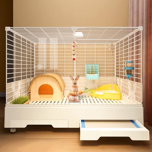 SIDID Kaninchenhaus 2 Eingänge Käfig für Kaninchen mit Ausziehbarem Tablett, DIY Kleintierkäfig mit Rollen, Transparente Acrylscheibe, für Meerschweinchen, Hasen, Katzen(White,A) von SIDID