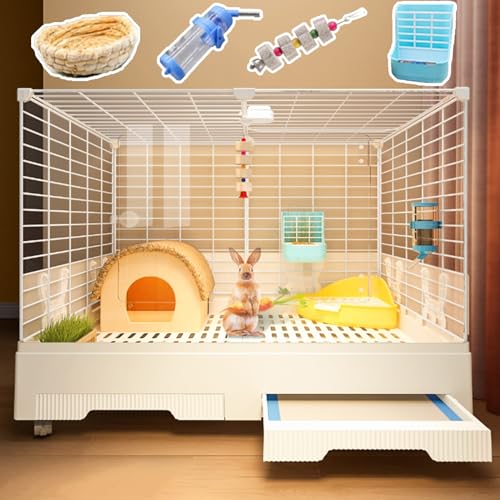 SIDID Kaninchenhaus 2 Eingänge Käfig für Kaninchen mit Ausziehbarem Tablett, DIY Kleintierkäfig mit Rollen, Transparente Acrylscheibe, für Meerschweinchen, Hasen, Katzen(White,B) von SIDID