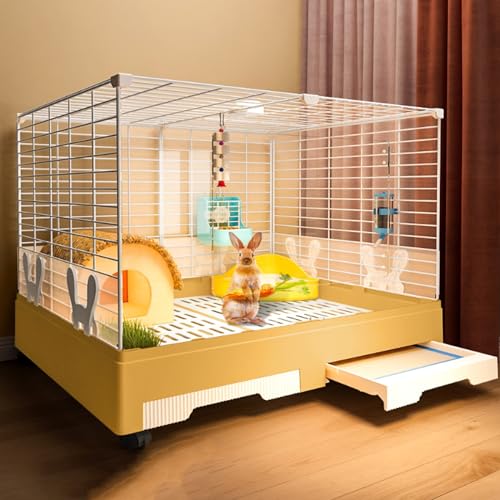 SIDID Kaninchenhaus 2 Eingänge Käfig für Kaninchen mit Ausziehbarem Tablett, DIY Kleintierkäfig mit Rollen, Transparente Acrylscheibe, für Meerschweinchen, Hasen, Katzen(Yellow,A) von SIDID