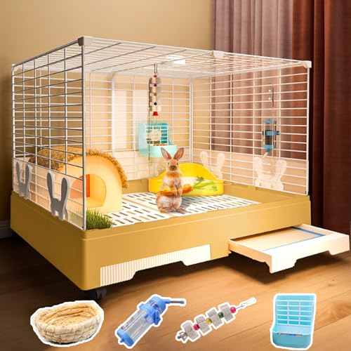 SIDID Kaninchenhaus 2 Eingänge Käfig für Kaninchen mit Ausziehbarem Tablett, DIY Kleintierkäfig mit Rollen, Transparente Acrylscheibe, für Meerschweinchen, Hasen, Katzen(Yellow,B) von SIDID