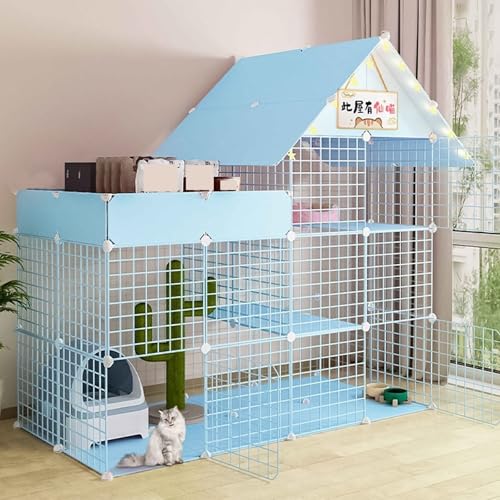 SIDID Katzengehege Indoor DIY Katzenkäfig Groß mit Dach, Faltbar Kleintierkäfig Balkon, Pink/Blue Metal Cattery with Tur Leicht Zu Montieren, 6 Größen(Blue,147x75x146cm) von SIDID