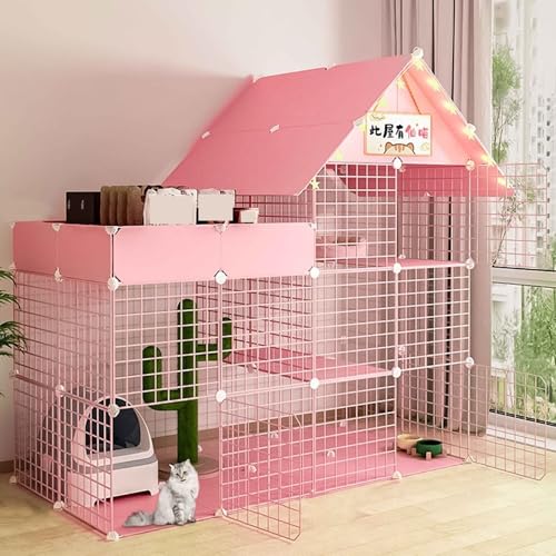 SIDID Katzengehege Indoor DIY Katzenkäfig Groß mit Dach, Faltbar Kleintierkäfig Balkon, Pink/Blue Metal Cattery with Tur Leicht Zu Montieren, 6 Größen(Pink,147x75x146cm) von SIDID