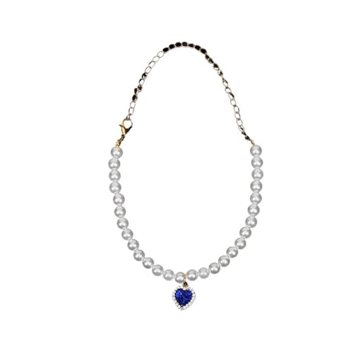 Katzenperlen-Halsband mit Herz-Anhänger, Haustier-Perlen-Halskette, Hochzeit, Party, verstellbar, für kleine Hunde, Schmuckzubehör für Kätzchen, Welpen (Blau, S) von SIDIFU
