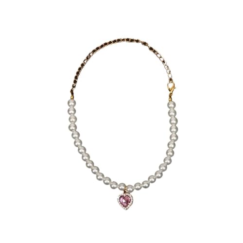 Katzenperlen-Halsband mit Herz-Anhänger, Haustier-Perlen-Halskette, Hochzeit, Party, verstellbar, für kleine Hunde, Schmuckzubehör für Kätzchen, Welpen (Rosa, S) von SIDIFU