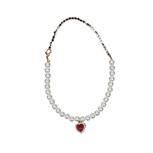 Katzenperlen-Halsband mit Herz-Anhänger, Haustier-Perlen-Halskette, Hochzeit, Party, verstellbar, für kleine Hunde, Schmuckzubehör für Kätzchen, Welpen (Rot, M) von SIDIFU