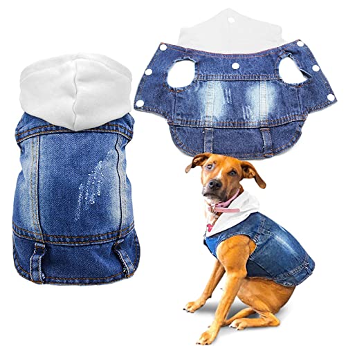 SILD Hunde-Jeansjacke, cooler blauer Jeansmantel, für kleine und mittelgroße Hunde, Revers, Weste, klassische Kapuze, Welpen, blau, Vintage-Stil, gewaschene Kleidung (Weiß, XL) von SILD