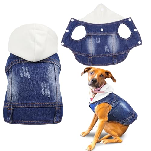SILD Hunde-Jeansjacke für Hunde, cooler blauer Jeansmantel, für kleine und mittelgroße Hunde, mit Revers, klassische Kapuze, Welpen, blau, Vintage-Stil, verwaschene Kleidung (Weiß, XXL) von SILD