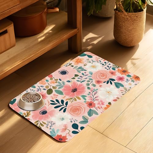 Boho-Haustier-Futtermatte mit Blumenmuster für Böden, saugfähige Hundenapf-Matte für Futter und Wasser, schnell trocknende Haustier-Katzen-Futtermatten mit rutschfester Unterseite, schmutzfreies von SINENRY