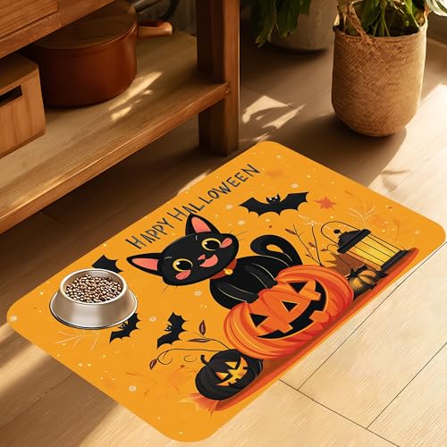 Happy Halloween Katzen-Haustier-Füttermatte für Böden, saugfähige Hundenapf-Matte für Futter und Wasser, schnell trocknende Haustier-Matten mit rutschfester Unterseite, schmutzfreies Hundezubehör von SINENRY