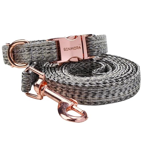 SINMORA Hundehalsband und Leine, Set mit atmungsaktivem Nylon-Leinen, Breakaway-Halsband für Jungen und Mädchen, breites Hundehalsband für kleine und mittelgroße Hunde (L, Grau) von SINMORA