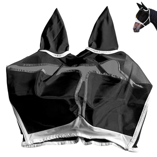 Pferde Fliegenmaske, Atmungsaktiv Fine Mesh Verstellbare Fly Buckler pferdemaske, Fliegenschutz Pferd Cob mit Ohrenschutz, Atmungsaktives Mesh, Anti-UV, Anti-Mücken, Insekten(Schwarz, L) von SINRAD