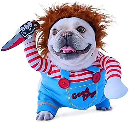 Halloween Chucky Hundekostüm, Outfit mit Messer-Perücke, lustige Hundekleidung, Cosplay, für Haustiere, kleine, mittelgroße Katzen, Hunde, Welpen, Chihuahua, Dackel (M) von SINSEN