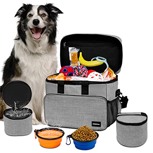 Hund Reisetasche Großes Haustier Reiseset für Lieferungen Beinhaltet 2 zusammenklappbare Hundeschalen 2 TravelFood Container Hund Reiseset für EIN Wochenende Weg Set (Grau M) von SIRMEDAL