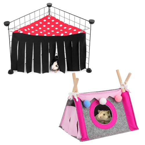 Meerschweinchen Versteck Hamster Zelt Set, Kleintier Versteck Betten Hamster Haus Hütte Nest, Dreieckige Hängematte Käfig Ecke Unterschlupf für Kaninchen Frettchen Chinchillas Gerbils Igel (pink) von SITAKEGS